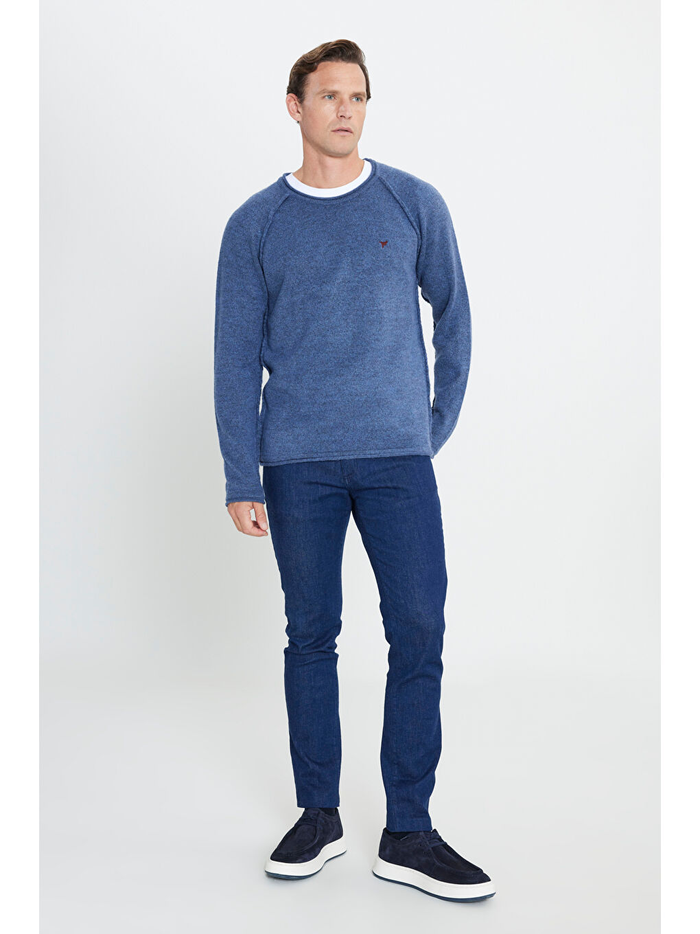 Erkek İndigo Standart Fit Normal Kesim Bisiklet Yaka Triko Kazak-1