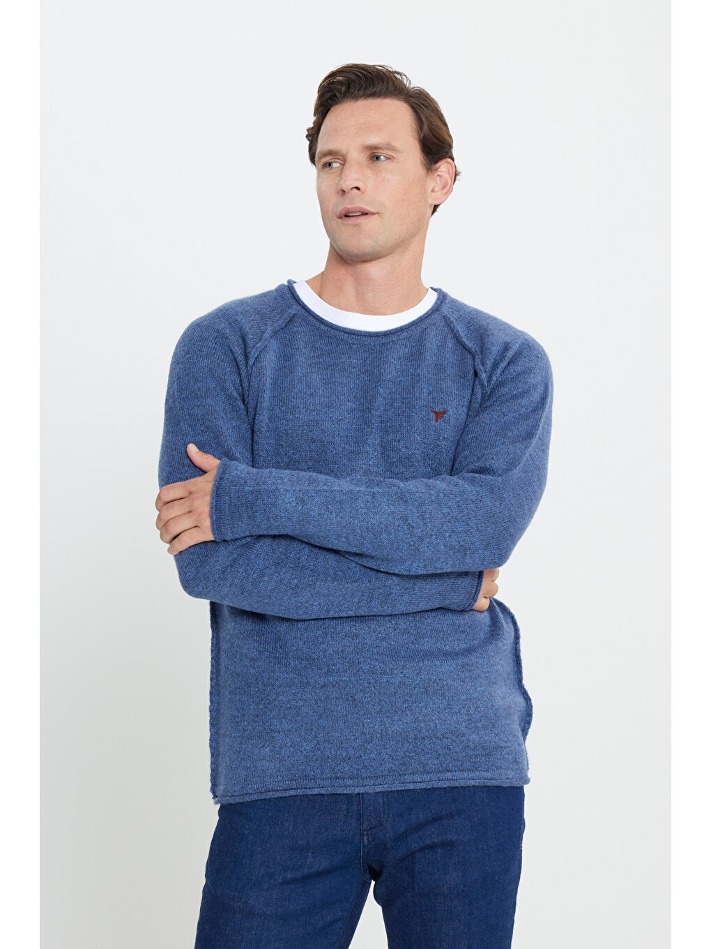 Erkek İndigo Standart Fit Normal Kesim Bisiklet Yaka Triko Kazak-2