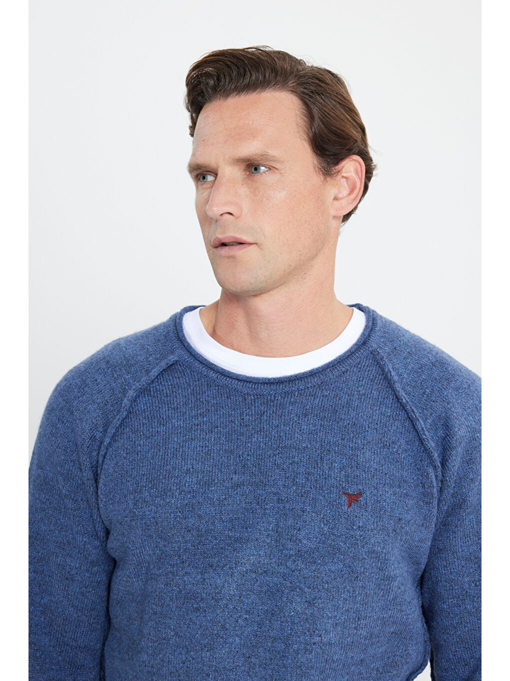 Erkek İndigo Standart Fit Normal Kesim Bisiklet Yaka Triko Kazak-3