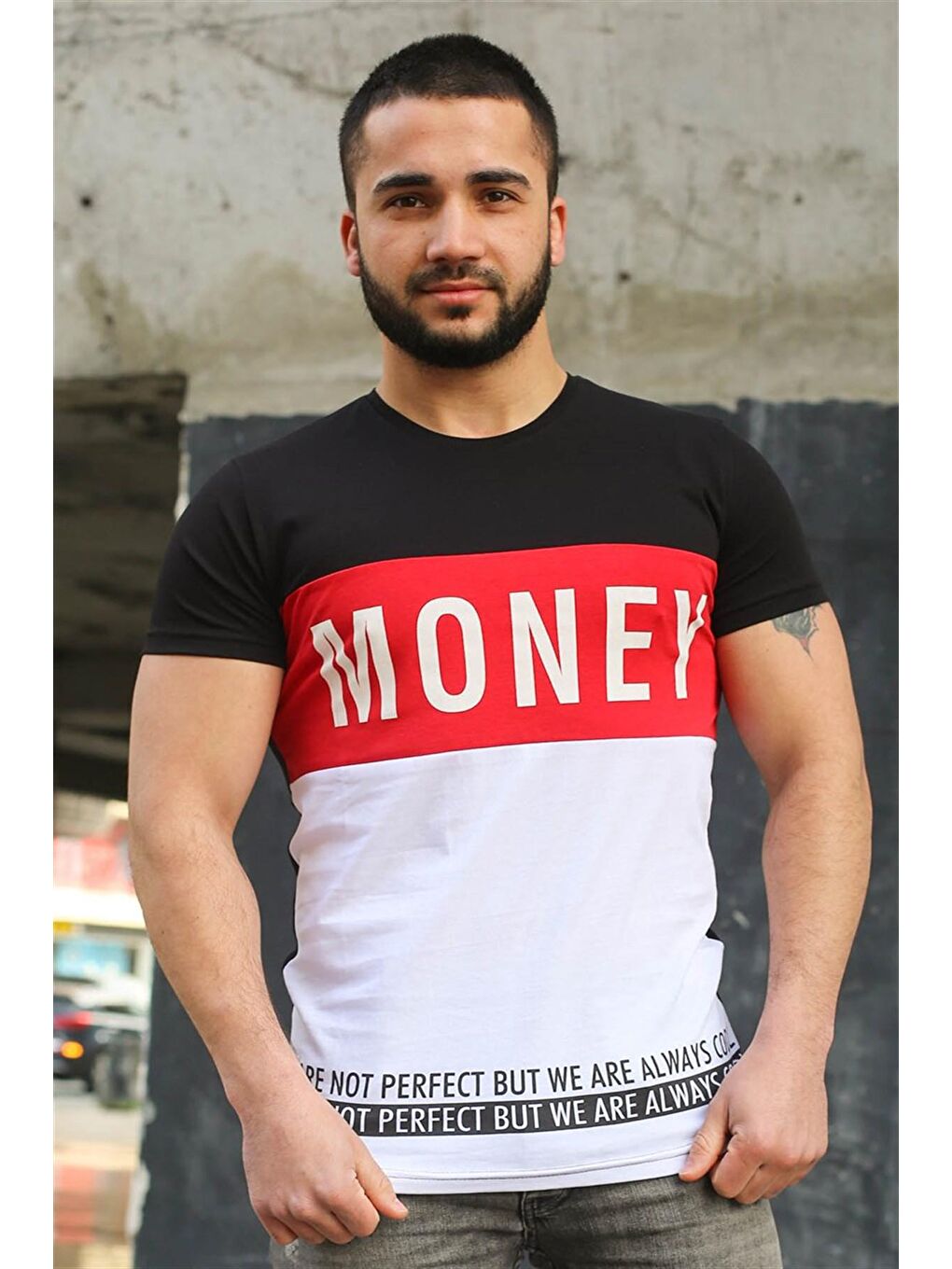 Renk Bloklu Yazı Detaylı Siyah %100 Pamuk Tişört 3077-2