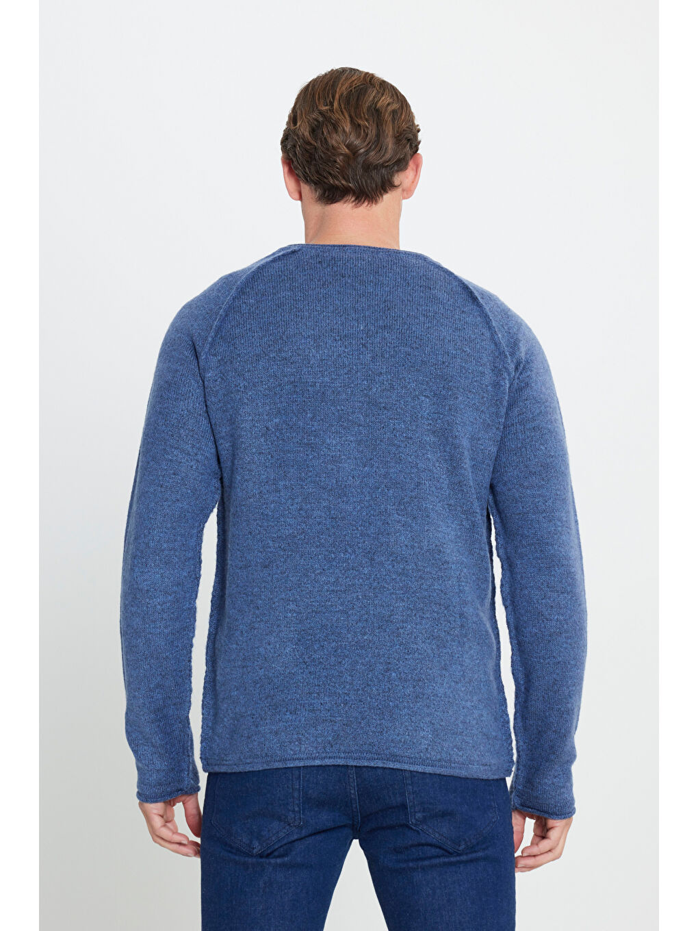 Erkek İndigo Standart Fit Normal Kesim Bisiklet Yaka Triko Kazak-4