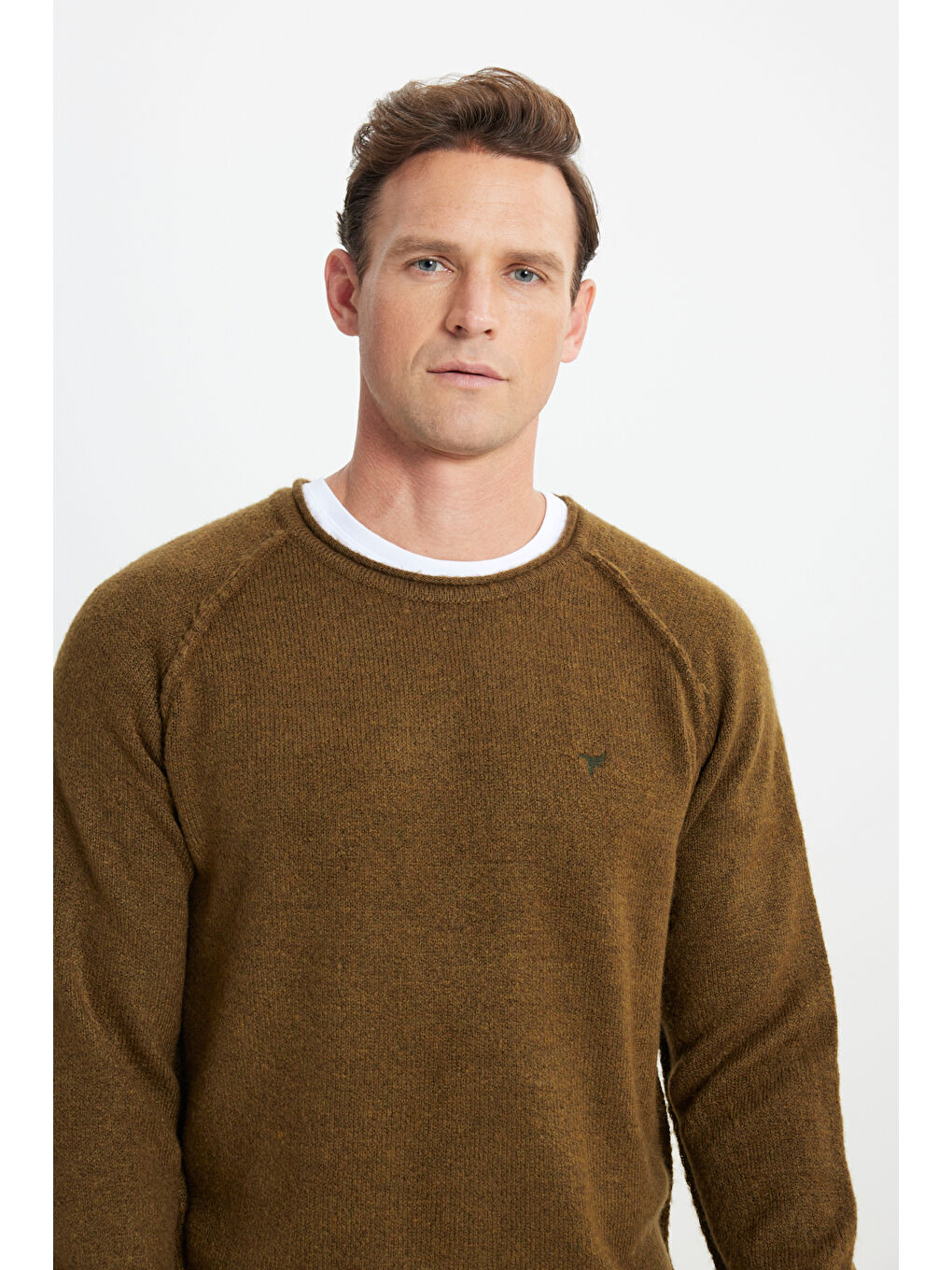 Erkek Haki Standart Fit Normal Kesim Bisiklet Yaka Triko Kazak-3