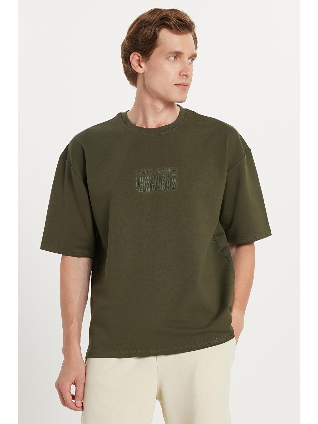 Erkek Oversize Geniş Kesim Pamuklu Baskılı Bisiklet Yaka Haki Tişört