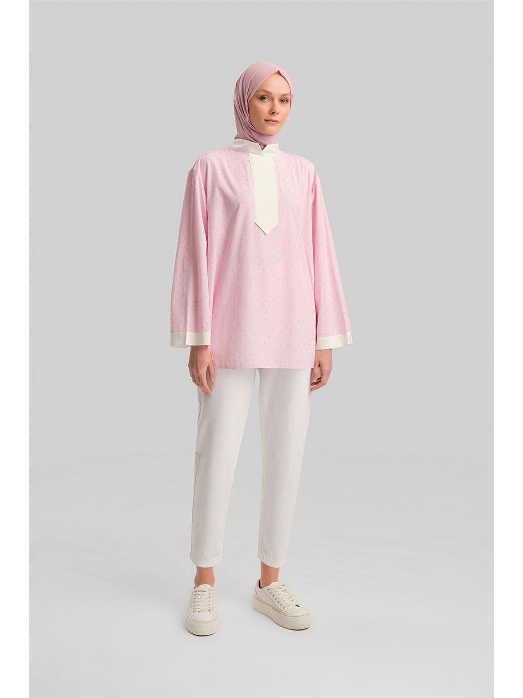 Grogrenli Ve Taşlı Çizgili Gömlek 24Y3556 Pembe