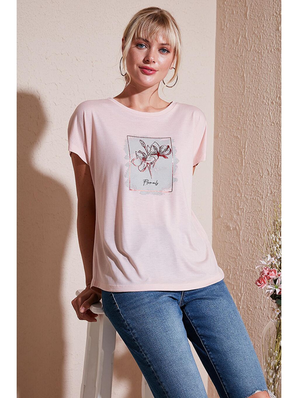 Lela Pudra Pembe Baskılı Bisiklet Yaka Regular Fit T Shirt 6671002