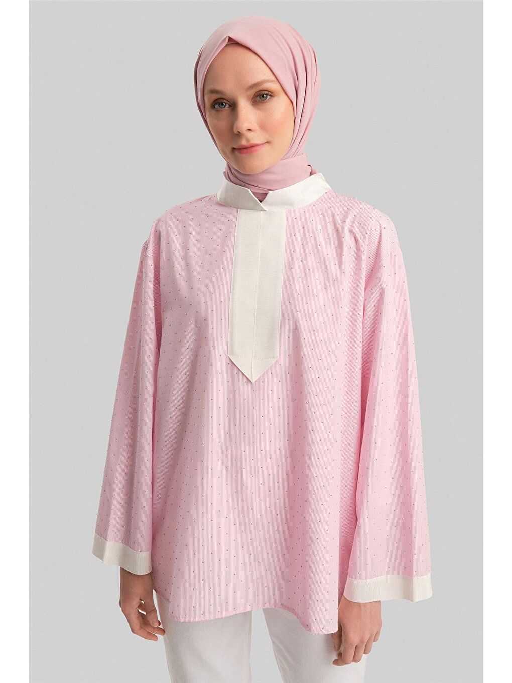 Grogrenli Ve Taşlı Çizgili Gömlek 24Y3556 Pembe-2