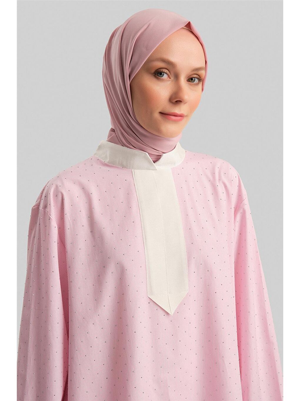 Grogrenli Ve Taşlı Çizgili Gömlek 24Y3556 Pembe-3