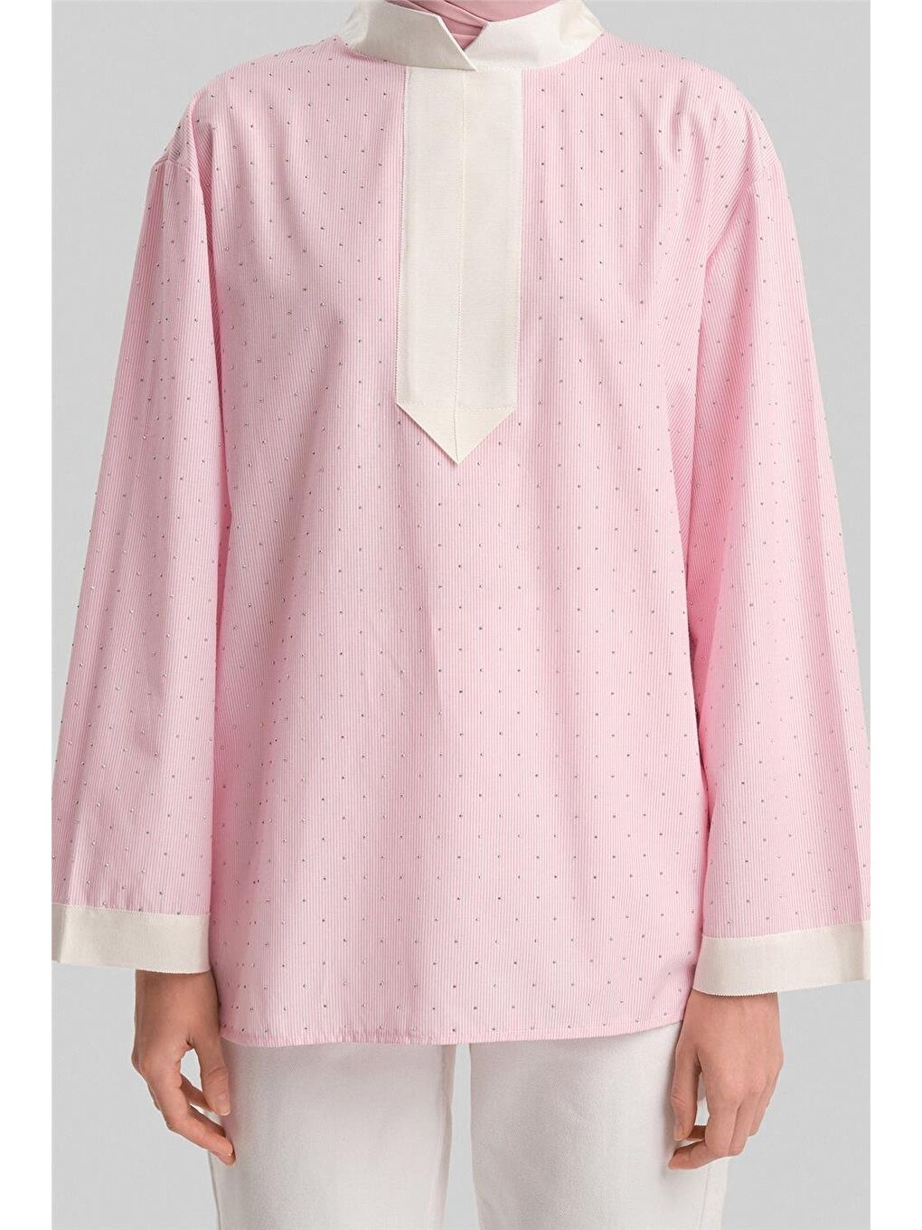 Grogrenli Ve Taşlı Çizgili Gömlek 24Y3556 Pembe-4