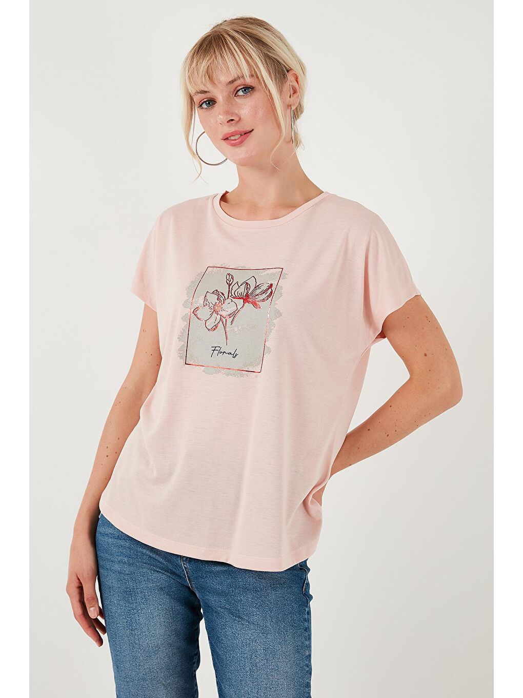 Lela Pudra Pembe Baskılı Bisiklet Yaka Regular Fit T Shirt 6671002 - 1