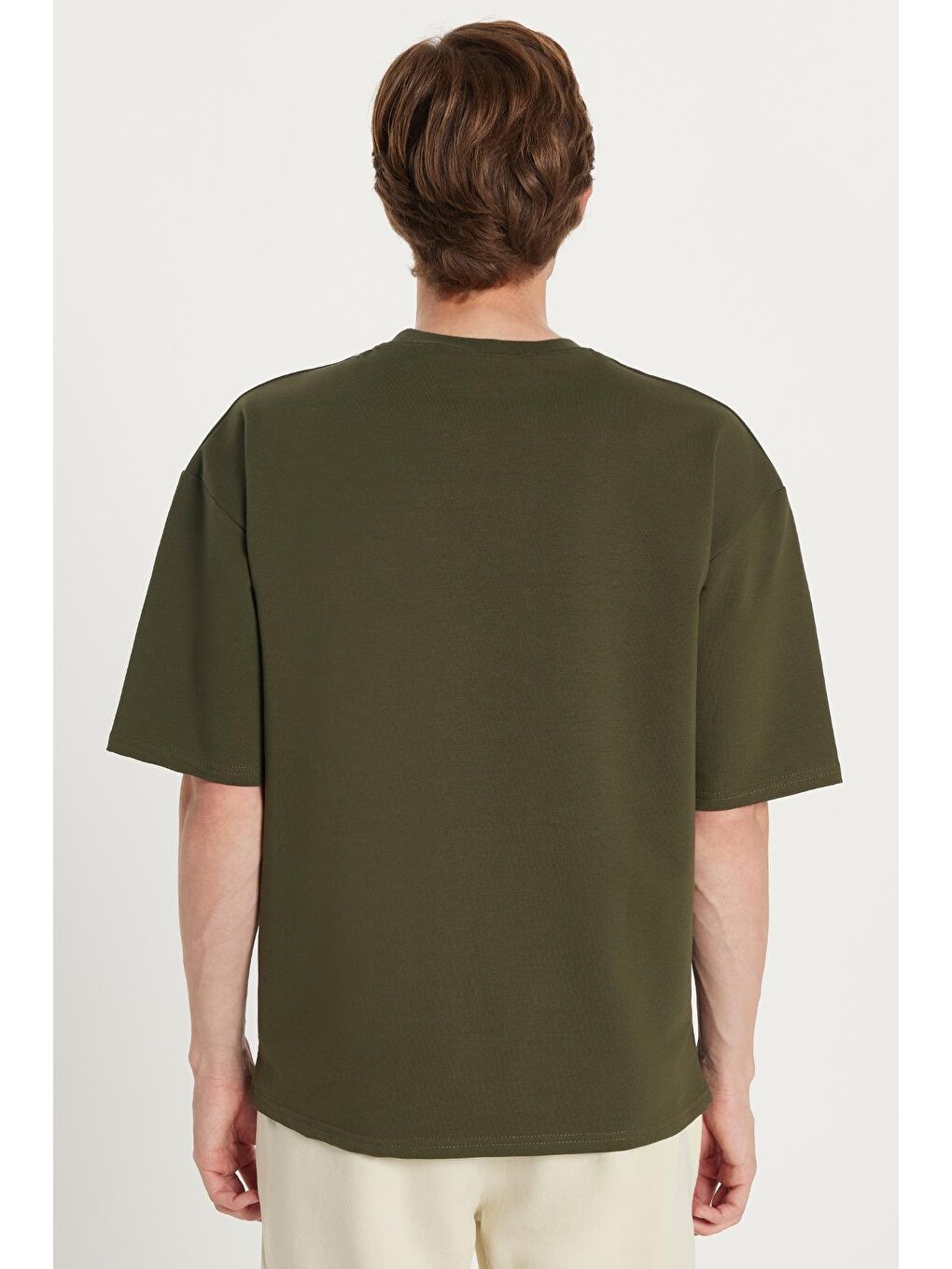 Erkek Oversize Geniş Kesim Pamuklu Baskılı Bisiklet Yaka Haki Tişört-4