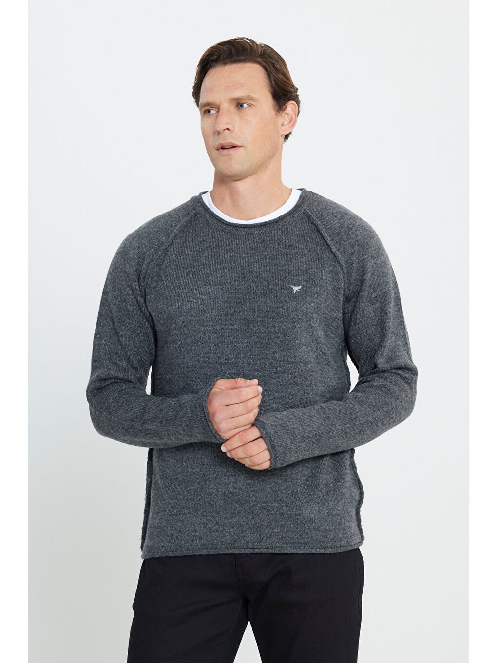 Erkek Antrasit Standart Fit Normal Kesim Bisiklet Yaka Triko Kazak