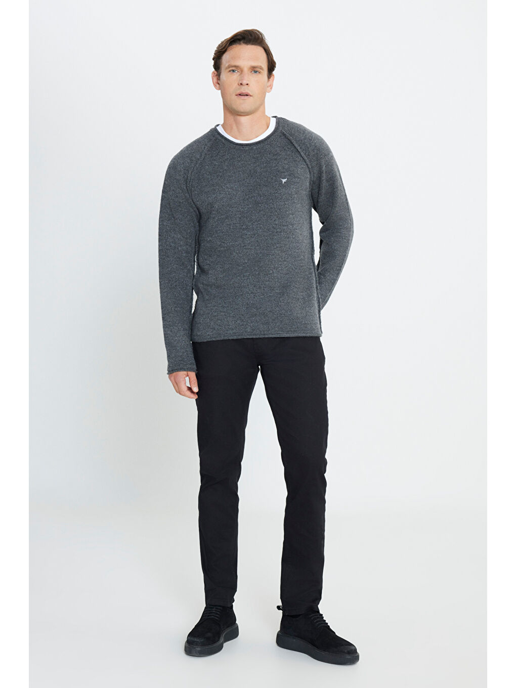 Erkek Antrasit Standart Fit Normal Kesim Bisiklet Yaka Triko Kazak-1