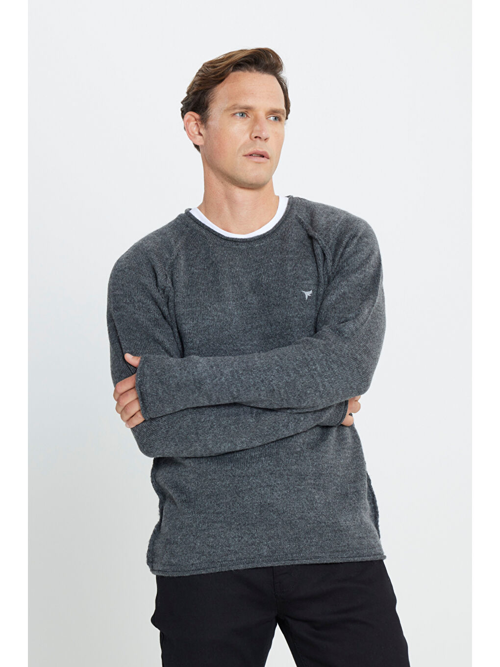 Erkek Antrasit Standart Fit Normal Kesim Bisiklet Yaka Triko Kazak-2