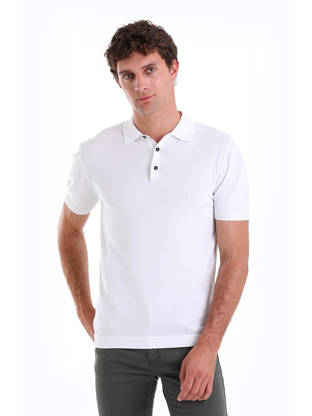 Beyaz Regular Fit Düz Polo Yaka Tişört-3