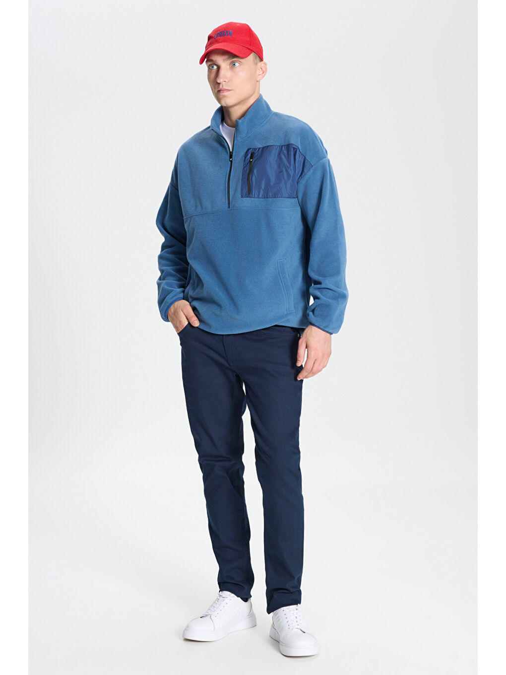 Erkek İndigo Oversize Bol Kesim Bato Yaka Cep Detaylı Fermuarlı Soğuk Geçirmez Polar Sweatshirt-1