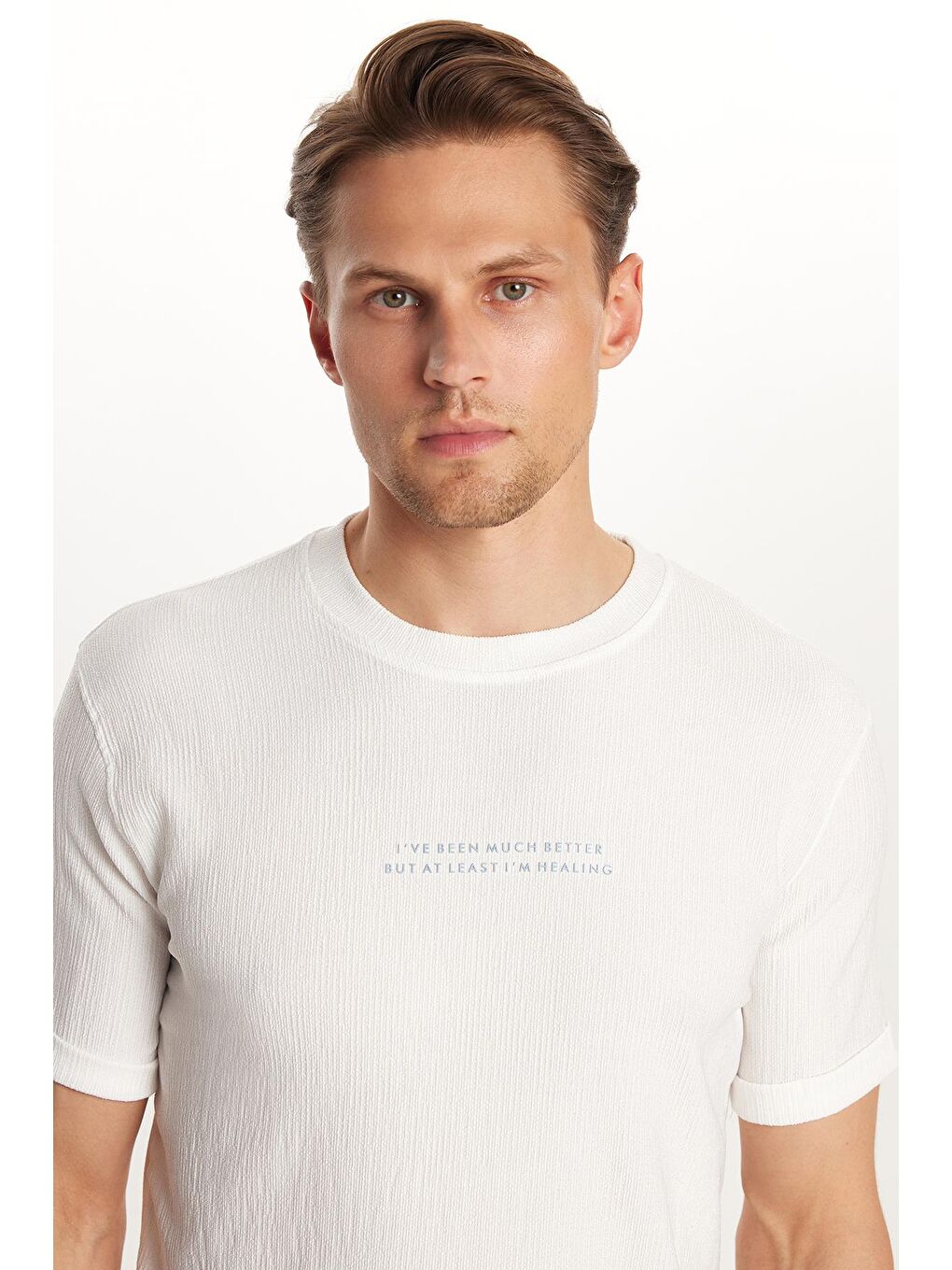 Erkek Slim Fit Dar Kesim Pamuklu Ribanalı Baskılı Beyaz Bisiklet Yaka Tişört-1