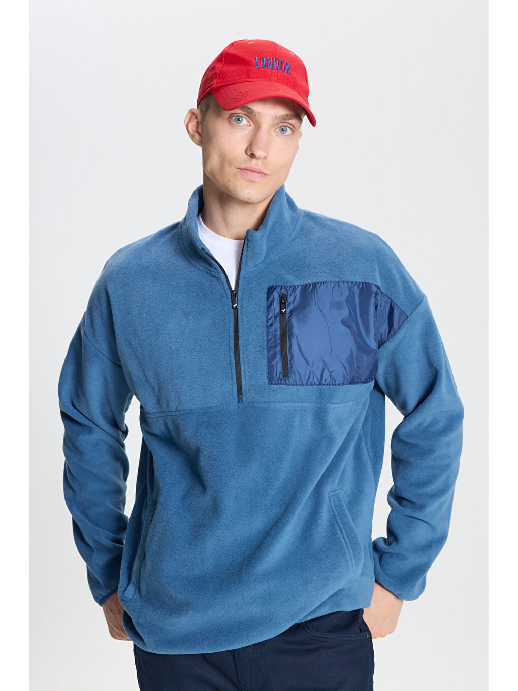 Erkek İndigo Oversize Bol Kesim Bato Yaka Cep Detaylı Fermuarlı Soğuk Geçirmez Polar Sweatshirt-2