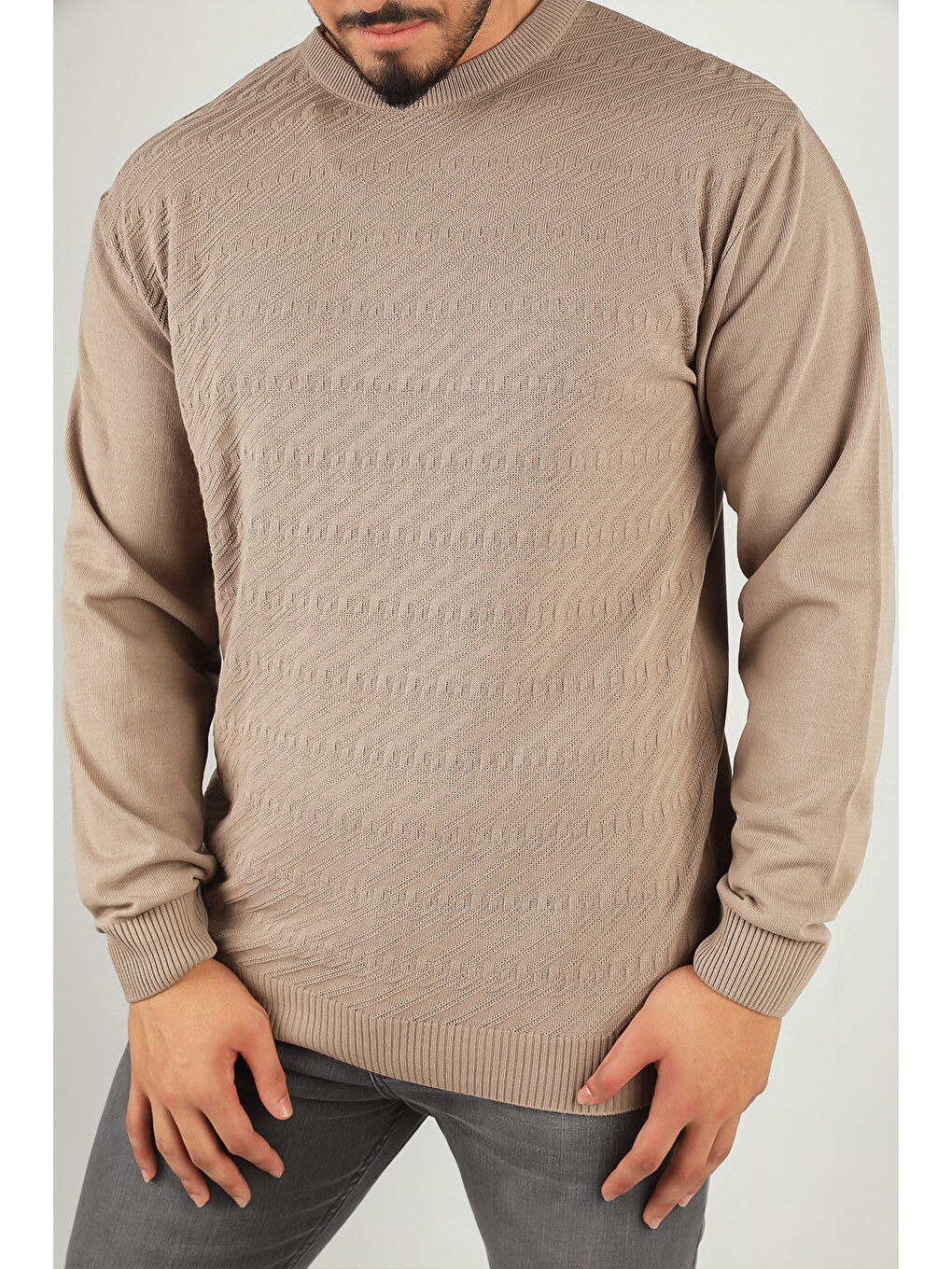 Bej Erkek Bisiklet Yaka Kendinden Desenli Triko Kazak