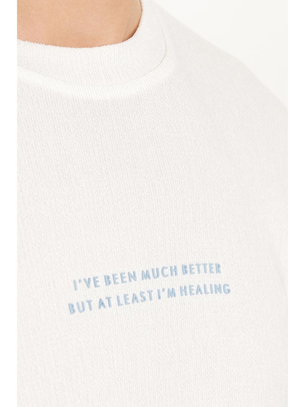 Erkek Slim Fit Dar Kesim Pamuklu Ribanalı Baskılı Beyaz Bisiklet Yaka Tişört-2