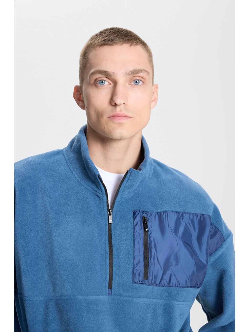 Erkek İndigo Oversize Bol Kesim Bato Yaka Cep Detaylı Fermuarlı Soğuk Geçirmez Polar Sweatshirt-3