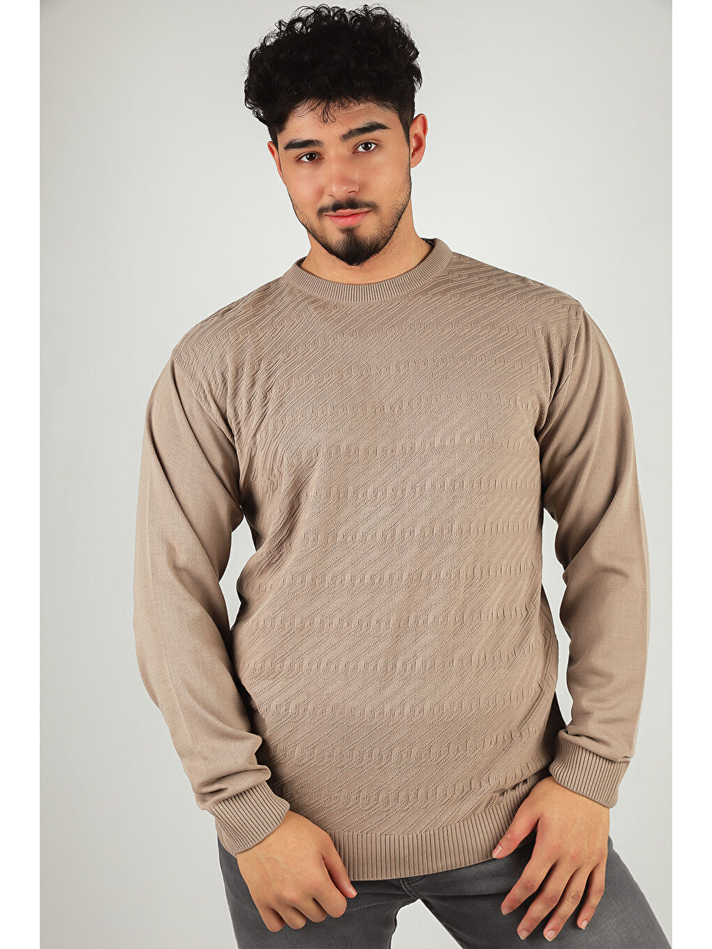 Bej Erkek Bisiklet Yaka Kendinden Desenli Triko Kazak-1