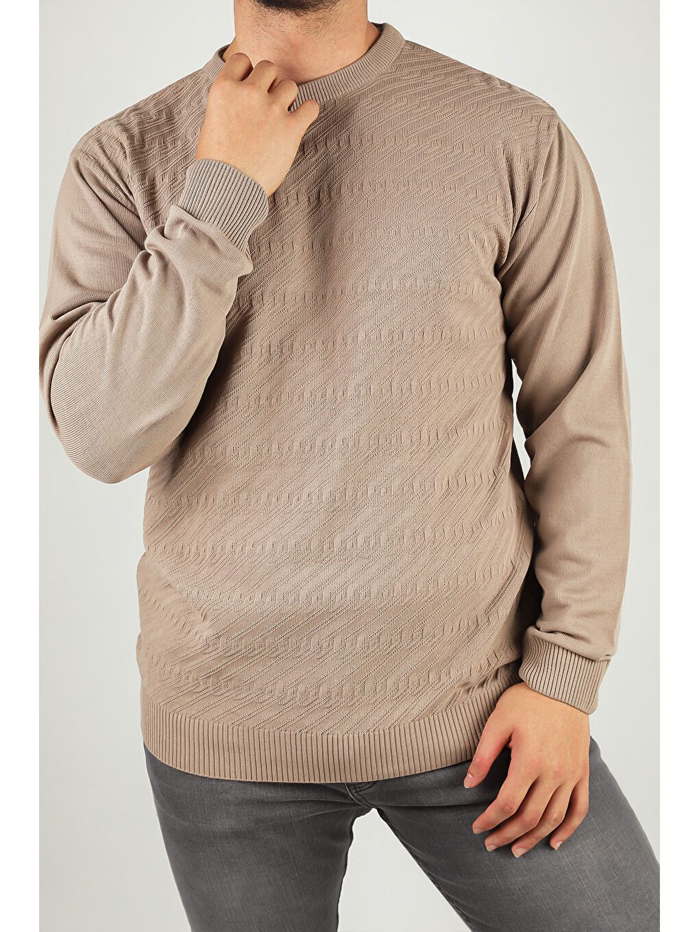 Bej Erkek Bisiklet Yaka Kendinden Desenli Triko Kazak-2