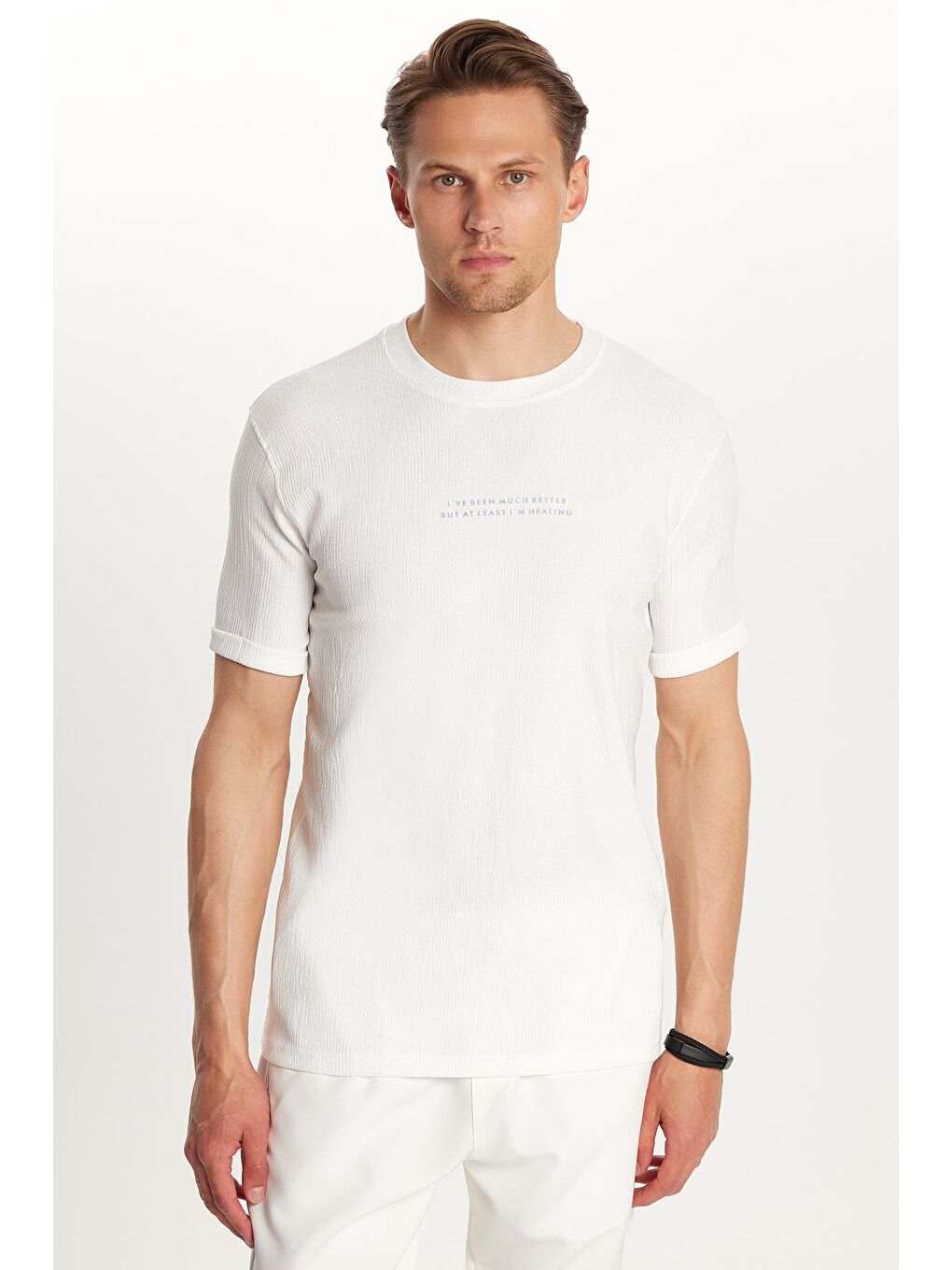 Erkek Slim Fit Dar Kesim Pamuklu Ribanalı Baskılı Beyaz Bisiklet Yaka Tişört-3