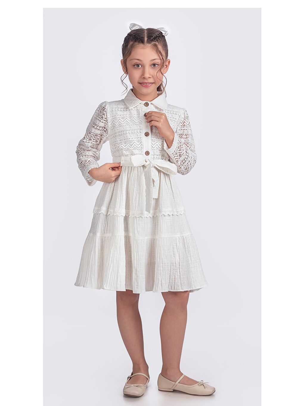 Beyaz Kız Çocuk Uzun Kollu Gupürlü Kuşaklı Düğmeli Elbise ELB.2699Y-1