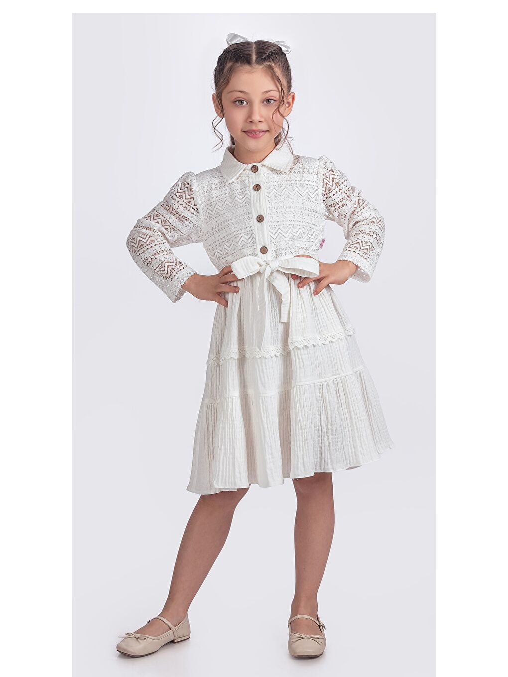 Beyaz Kız Çocuk Uzun Kollu Gupürlü Kuşaklı Düğmeli Elbise ELB.2699Y-2