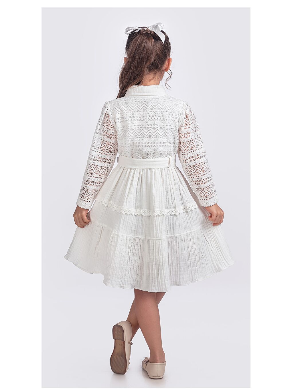 Beyaz Kız Çocuk Uzun Kollu Gupürlü Kuşaklı Düğmeli Elbise ELB.2699Y-3