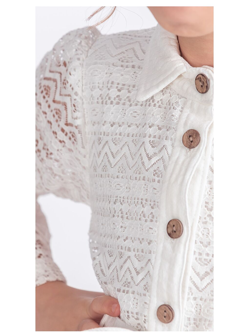 Beyaz Kız Çocuk Uzun Kollu Gupürlü Kuşaklı Düğmeli Elbise ELB.2699Y-4