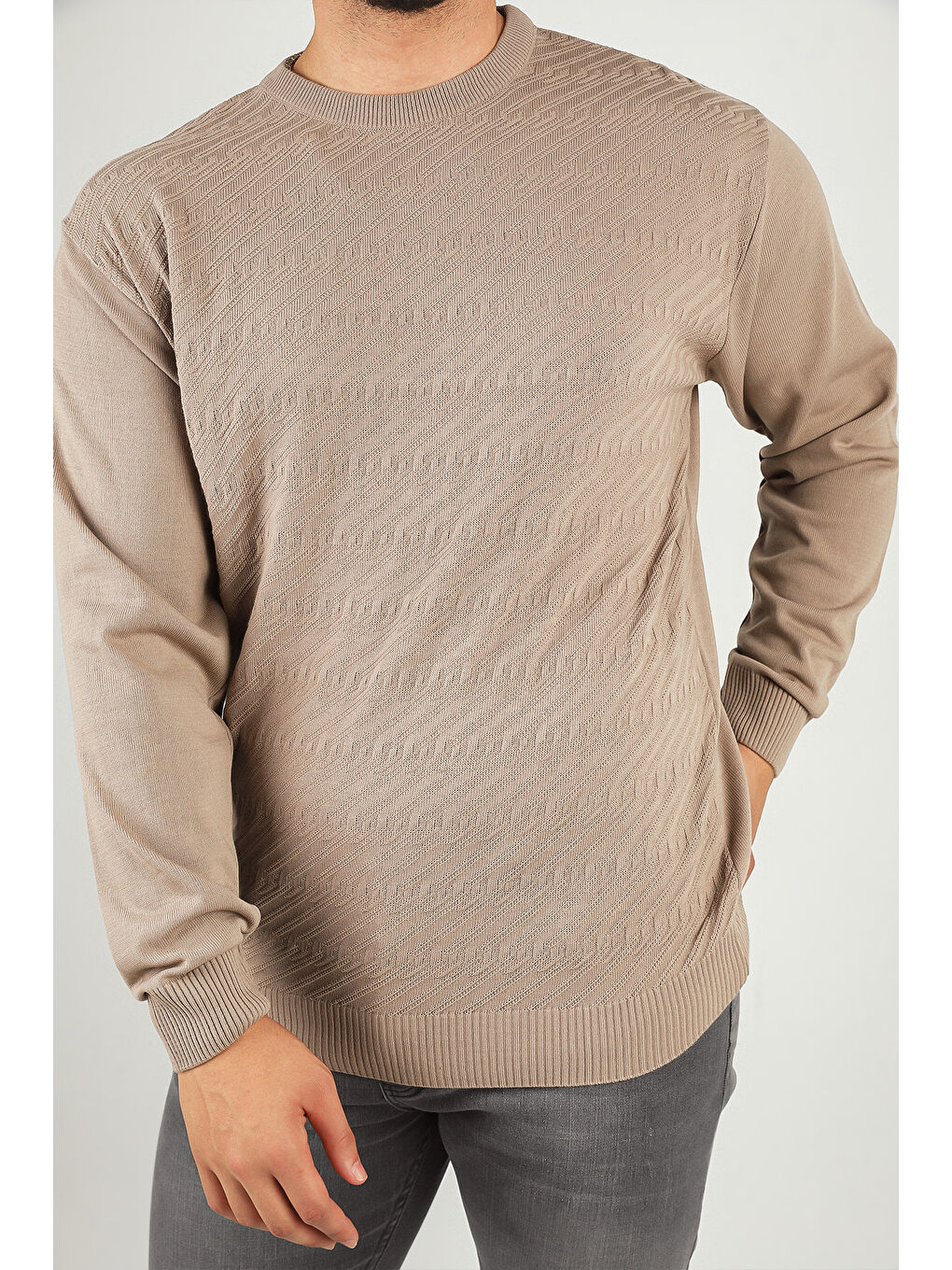 Bej Erkek Bisiklet Yaka Kendinden Desenli Triko Kazak-4