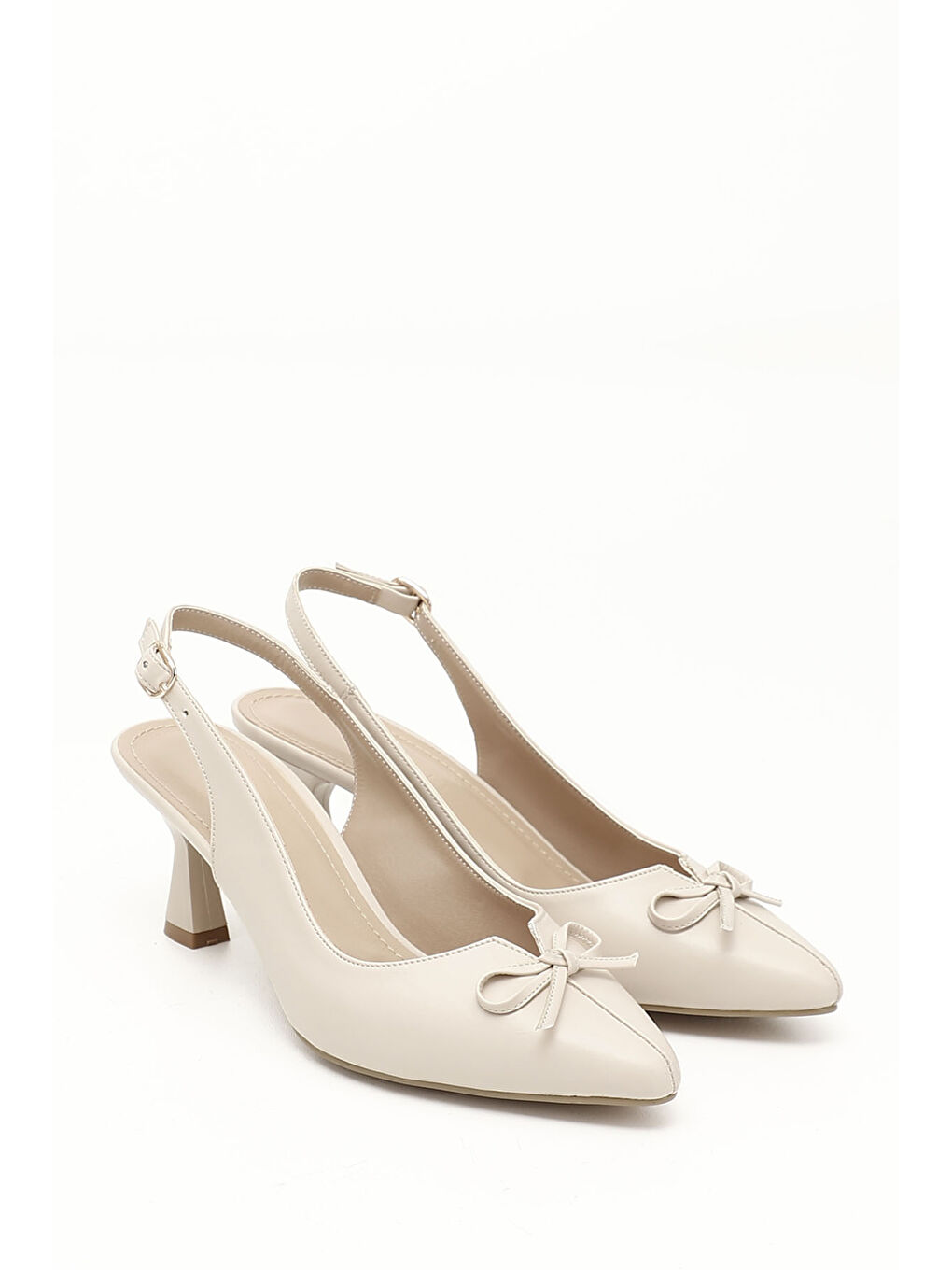 Ekru Kadın KREM Sivri Burun Kadeh Ökçe Fiyonklu Arkası Açık Ayakkabı-1