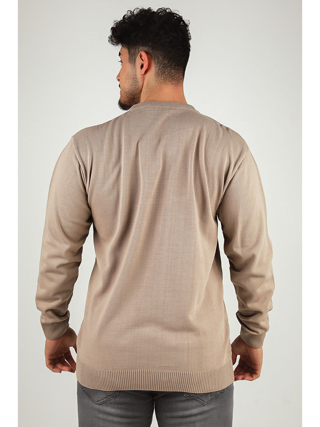 Bej Erkek Bisiklet Yaka Kendinden Desenli Triko Kazak-5