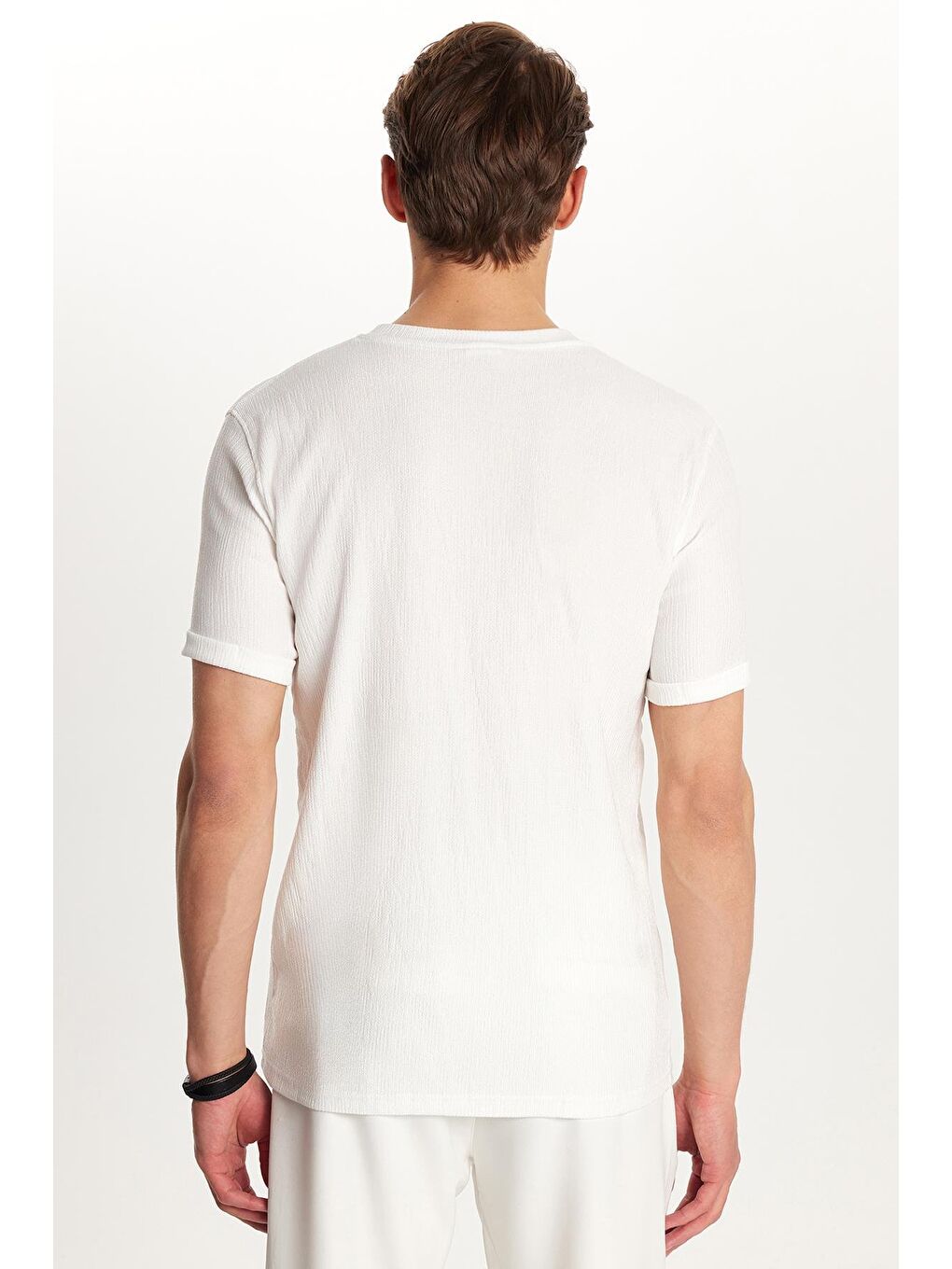 Erkek Slim Fit Dar Kesim Pamuklu Ribanalı Baskılı Beyaz Bisiklet Yaka Tişört-4