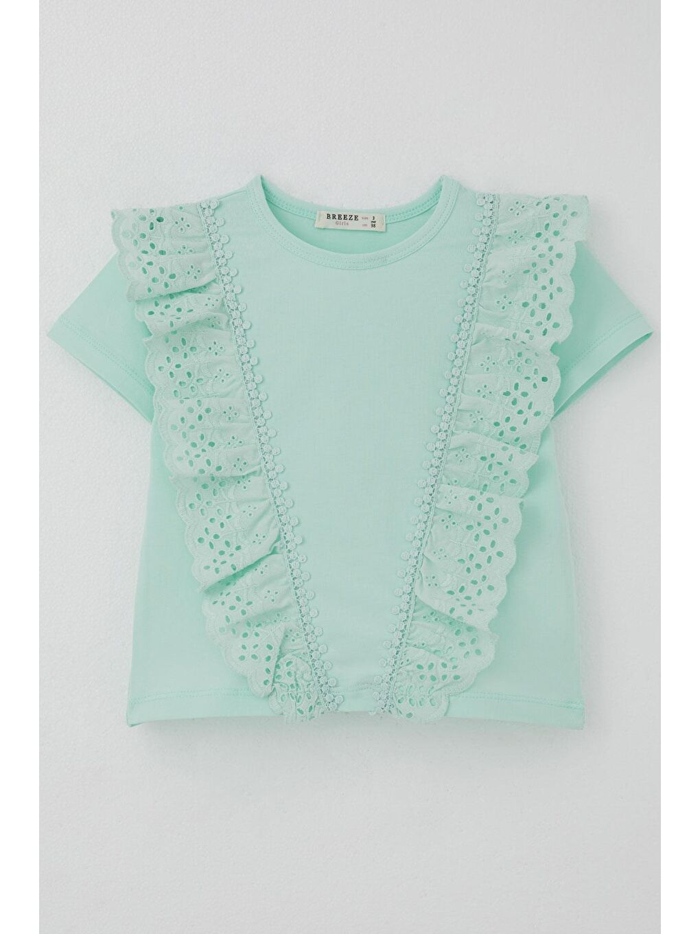 Turkuaz Kız Çocuk Tişört Güpürlü Çiçekleri Nakışlı Su Yeşili (1.5-5 Yaş)