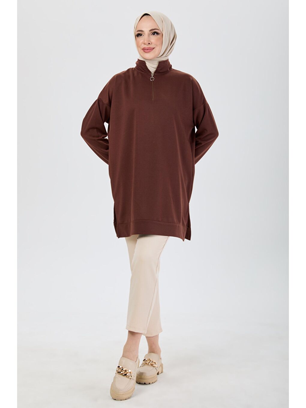 Hakim Yaka Kadın Kahverengi Sweat - 13097-1