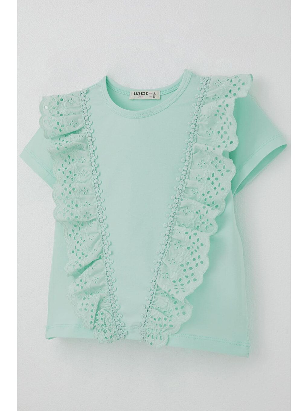 Turkuaz Kız Çocuk Tişört Güpürlü Çiçekleri Nakışlı Su Yeşili (1.5-5 Yaş)-2
