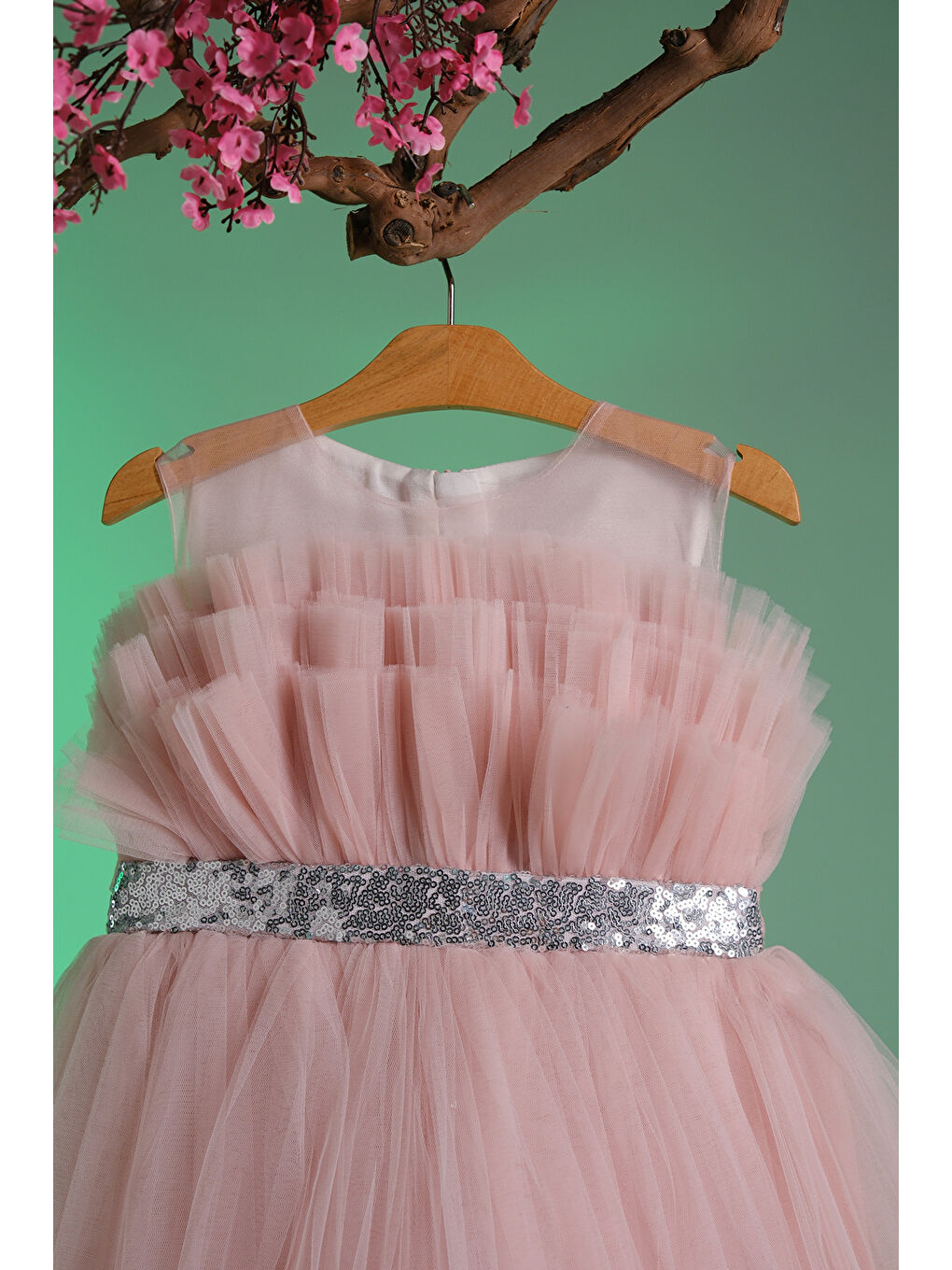 Pembe Gümüş Simli Kemer Detaylı Kız Çocuk Abiye ABY.2216-1