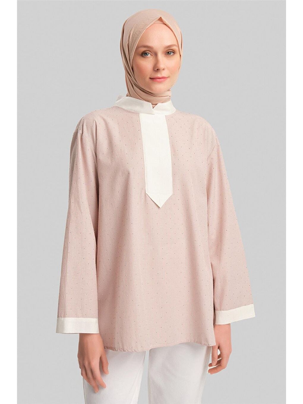 Kahverengi Grogrenli Ve Taşlı Çizgili Gömlek 24Y3556 Camel-2