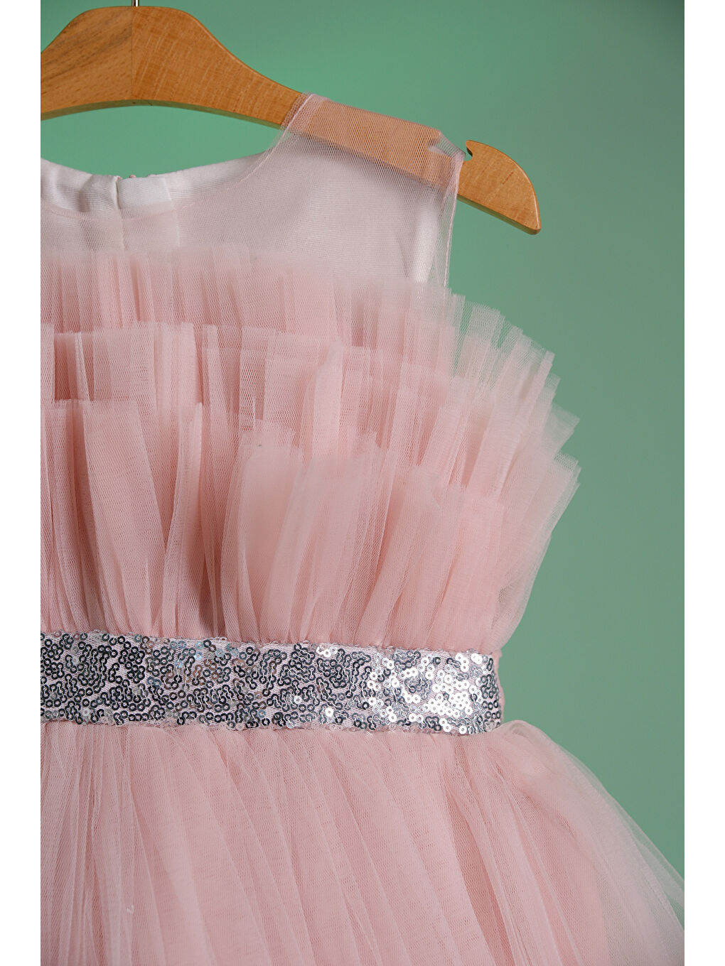 Pembe Gümüş Simli Kemer Detaylı Kız Çocuk Abiye ABY.2216-2