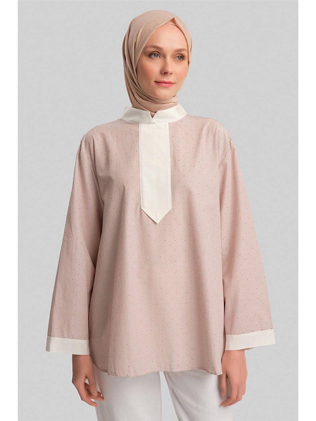 Kahverengi Grogrenli Ve Taşlı Çizgili Gömlek 24Y3556 Camel-3