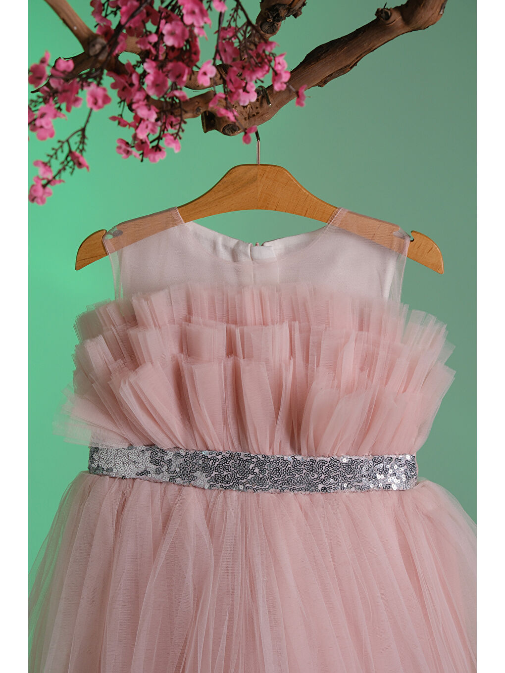 Pembe Gümüş Simli Kemer Detaylı Kız Çocuk Abiye ABY.2216-3