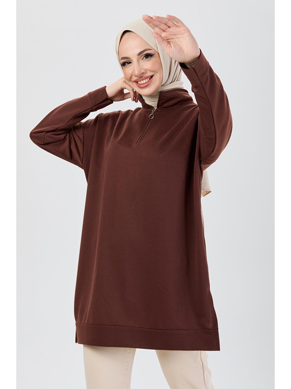 Hakim Yaka Kadın Kahverengi Sweat - 13097-3