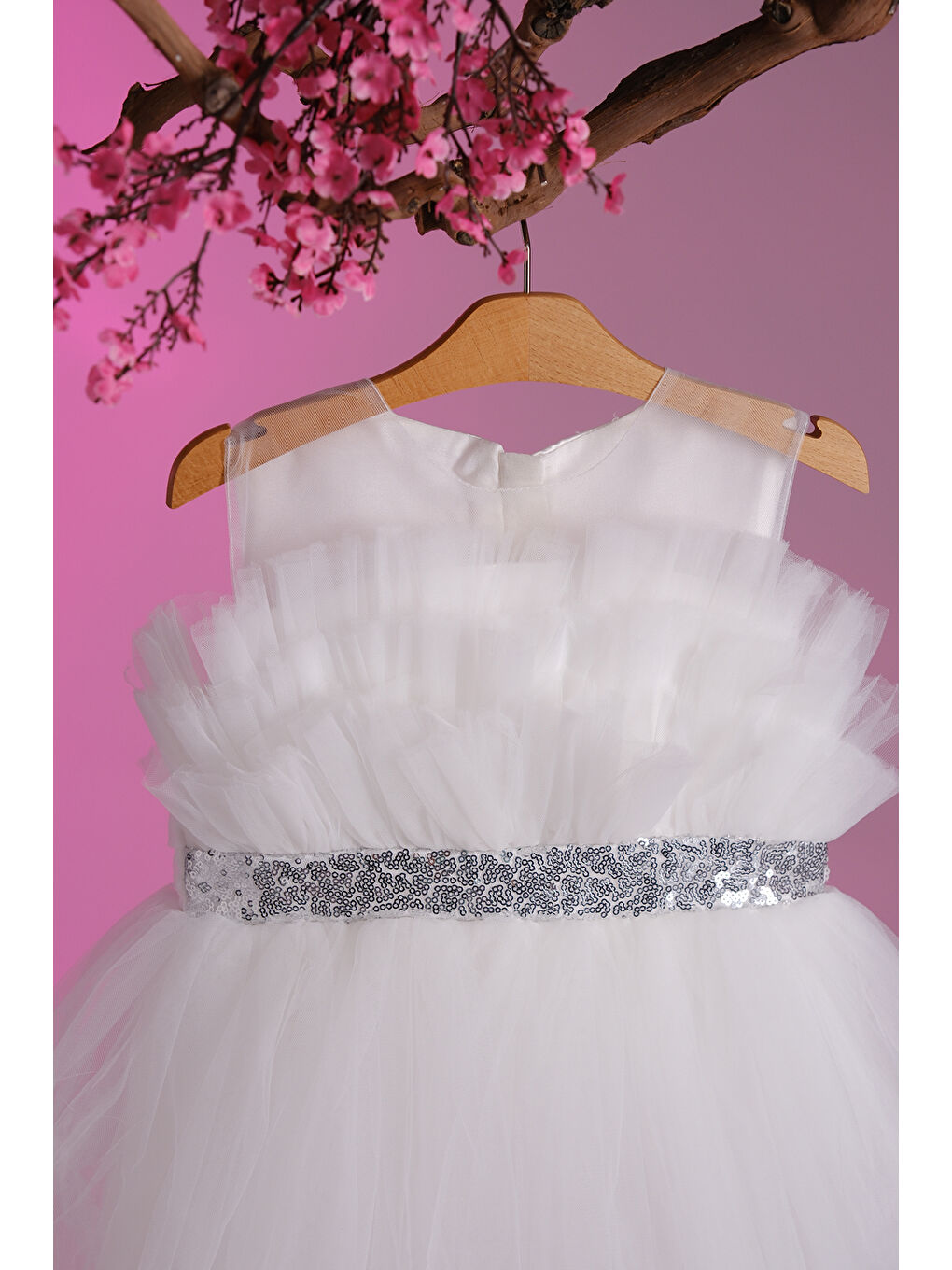 Beyaz Gümüş Simli Kemer Detaylı Kız Çocuk Abiye ABY.2216-1