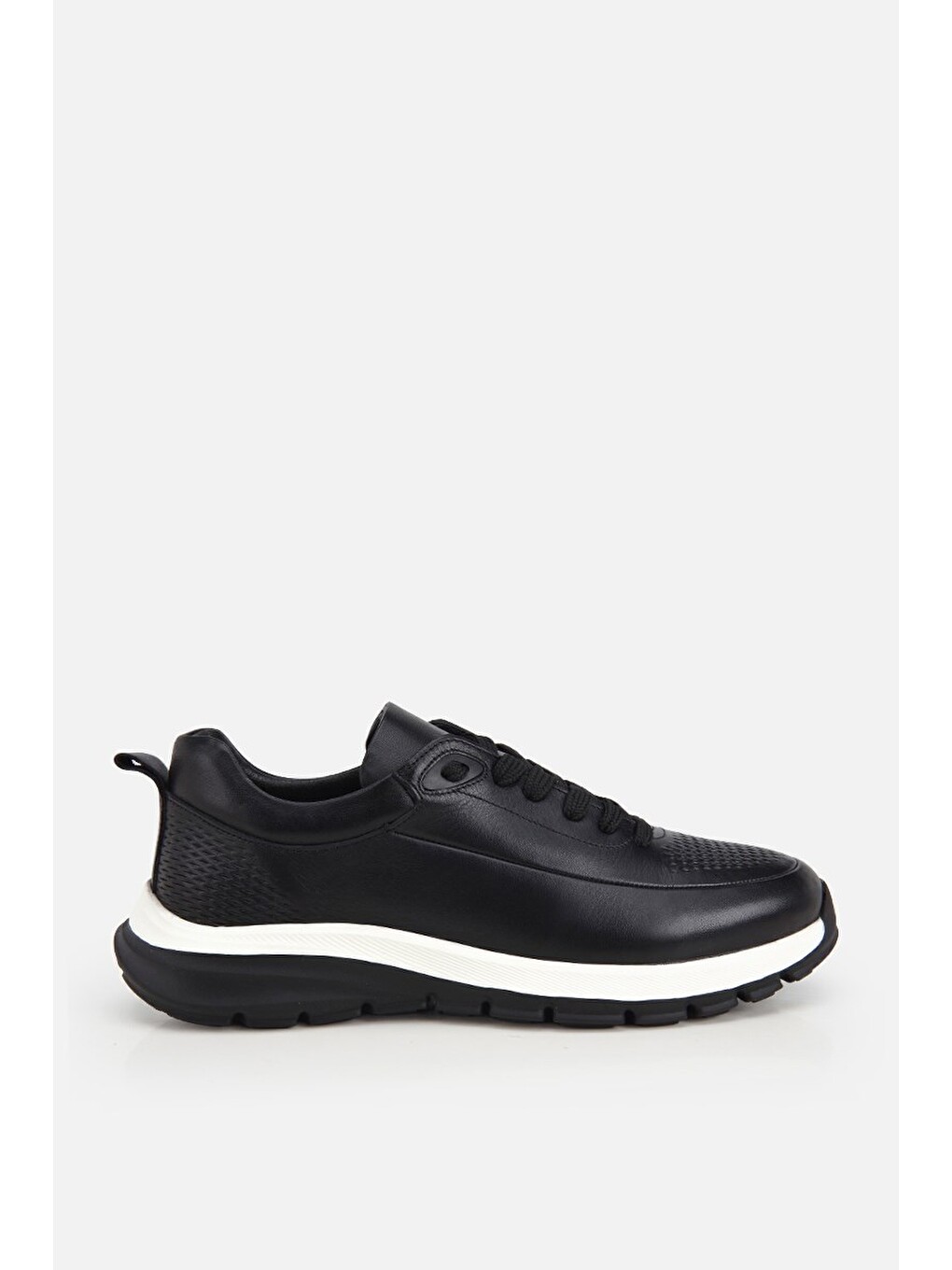 Erkek Siyah Deri Kontrast Tabanlı Bağcıklı Sneaker