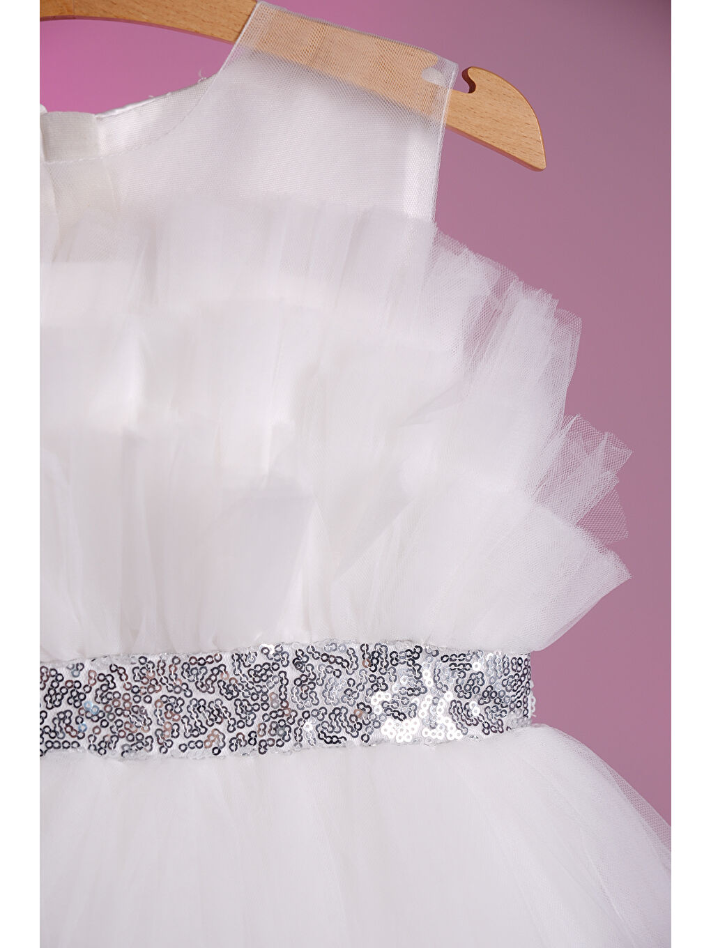 Beyaz Gümüş Simli Kemer Detaylı Kız Çocuk Abiye ABY.2216-3