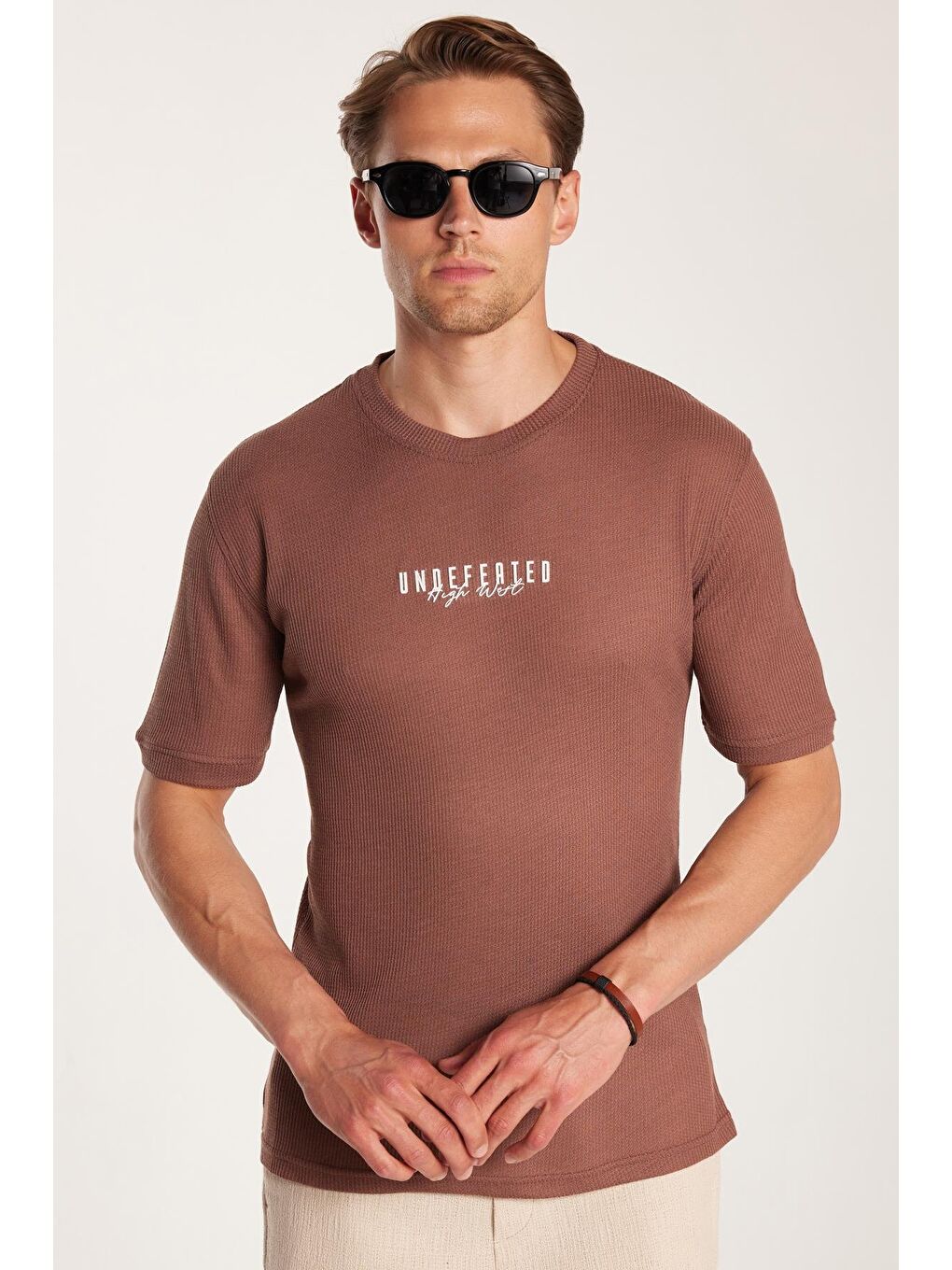 Pembe Erkek Standart Fit Pamuklu Düz Basic Bisiklet Yaka Baskılı Gül Kurusu Tişört