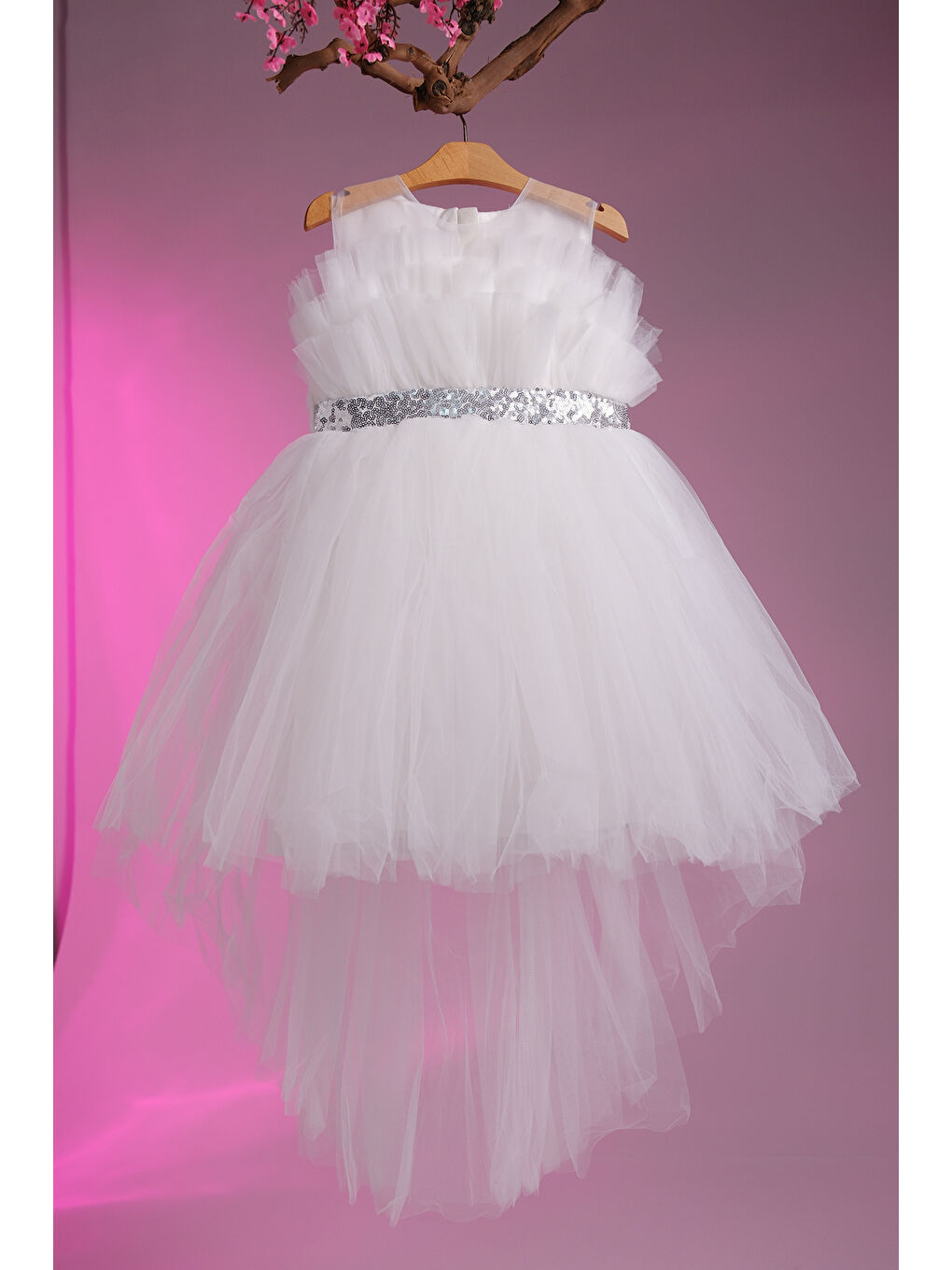 Beyaz Gümüş Simli Kemer Detaylı Kız Çocuk Abiye ABY.2216-4