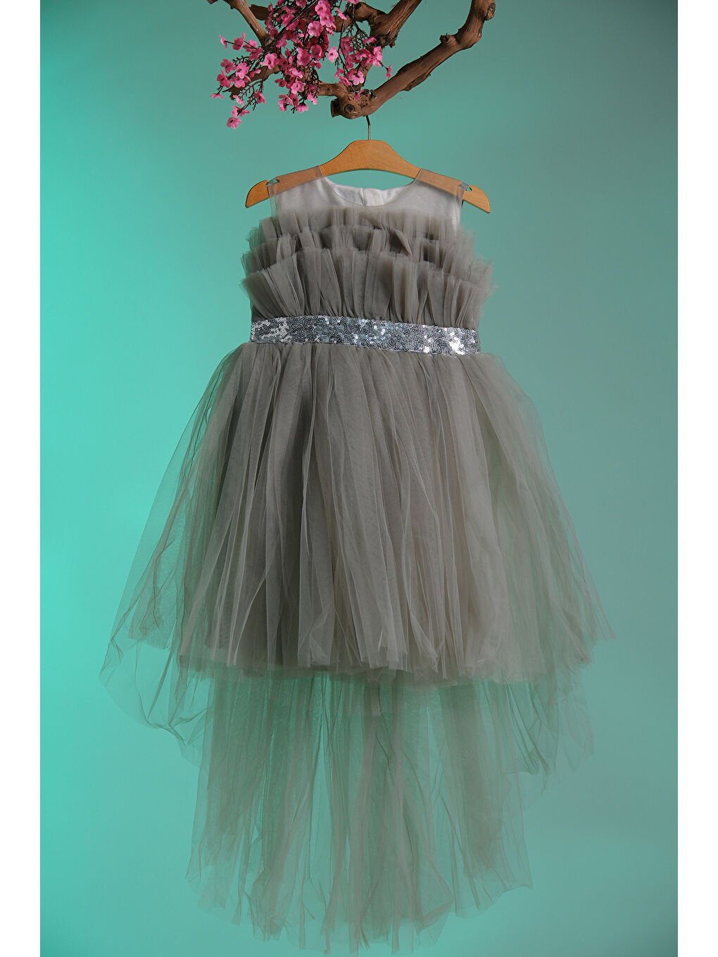 Mavi Gümüş Simli Kemer Detaylı Kız Çocuk Abiye ABY.2216